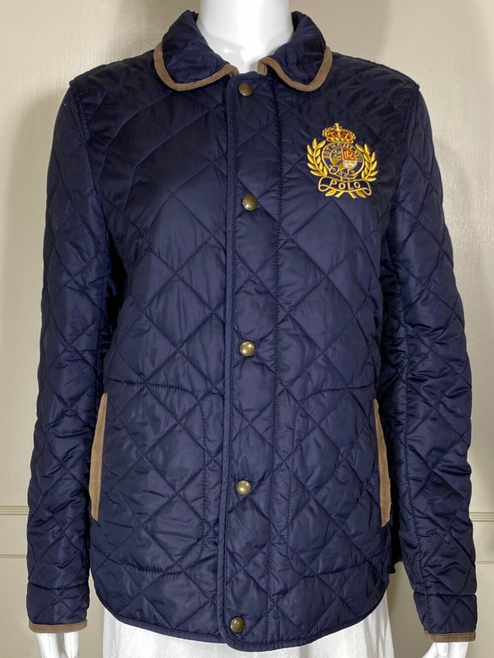 POLO RALPH LAUREN Quilted Jacket Navy Diamond Stitch Polo Crest Suede Trim M